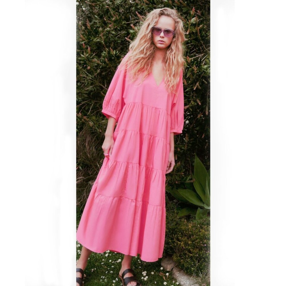ZARA CANDY PINK TIERED RUFFLE MAXI DRESS BOHO BARBIE COTTAGECORE RESORT NWT M